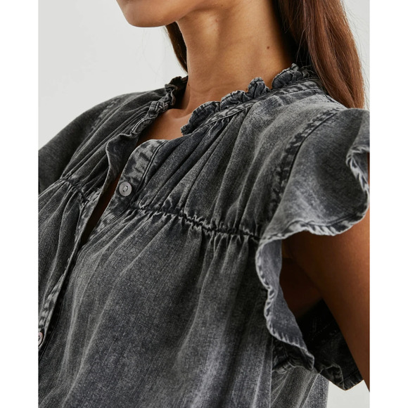 Rails Amina Mini Dress Size XS Black Acid Wash Tencel Denim Smocked Waist Boho - Picture 4 of 12